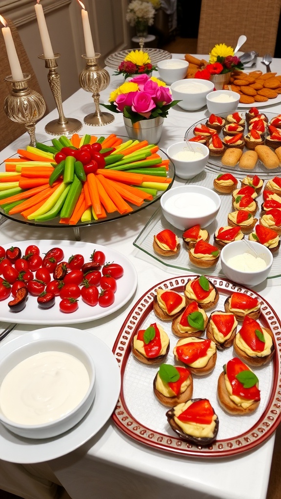 A beautifully arranged appetizer spread with vegetable platter, bruschetta, stuffed mushrooms, and mini quiches on an elegant table.